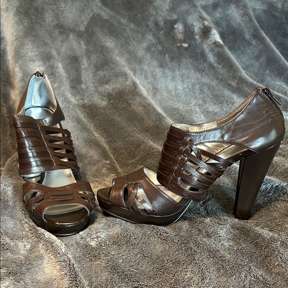 Calvin Klein Brown Leather Strappy Peep Toe Zip Heel Chunky Stiletto size 8